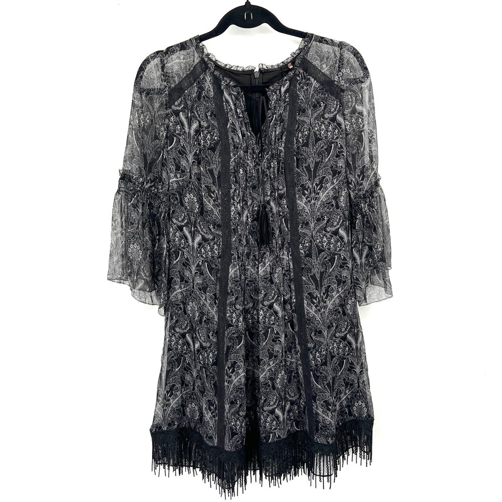 Elie Tahari 100% silk fringe whimsigoth fairycore paisley goth mini dress boho 4